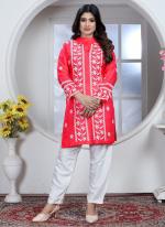 Rayon Pink Casual Wear Chikankari Work Readymade Kurti With Pant